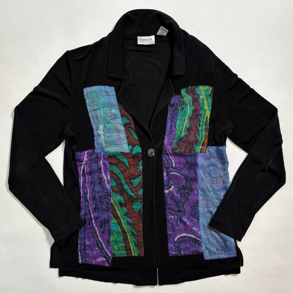 Vintage Slinky Knit 90s Chicos Travelers 1 Black Jacket Silk Patchwork Quilted
